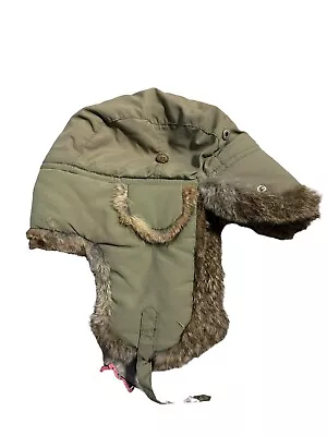Paul Leinburd By Crown Cap Rabbit Fur Trimmed Trapper Green Aviator Hat Sz S 10 • $25.99