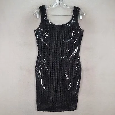 Vtg Moda Int'l Womens Dress Size 8 Black Sequins Scoop Neck Open Back Sexy Mini • $28.95