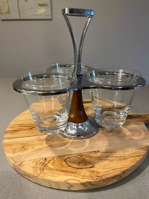 Chrome-Framed MCM Condiment Caddy With Glass Serving Cups Wood Pedestal • $50