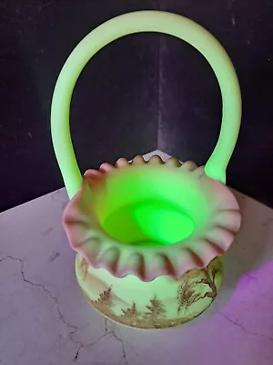 ANTIQUE FENTON Satin Custard Uranium Glass Bridal Basket Hand Painted Signed • $29