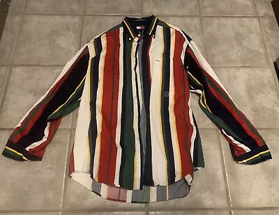 VINTAGE Tommy Hilfiger Shirt Mens Large Red Green Vertical Striped Colorbloc • $19.95