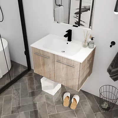 Wooden 30in Floating Wall Mounted Bathroom Vanity W/Sink Basin 2 Doors White Oak • $371.99