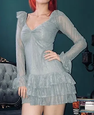 NEW DressArtMystery Etsy Victorian Steampunk Ruffled Grey Lace Mini Dress XS • $39