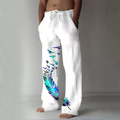 Mens Beach Casual Drawstring Loose Pants Yoga Retro Cotton Linen Baggy Trousers • $18.10