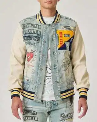 Hand Drawing Leather Sleeves Denim Varsity Jacket • $96.57