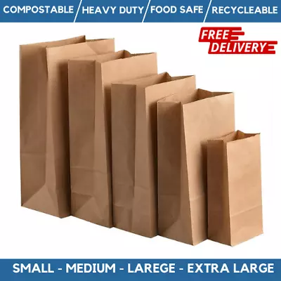 Brown Paper Bags Without Handles Kraft Food Takeaway Carrier Bags SOS Grab Bags • £75.99