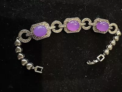 Vintage Purple Jade Bracelet Silver Hearts Chain  With Clear Gems 7.5” Art Deco • $125
