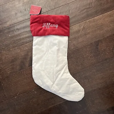 NWT Pottery Barn Classic Med Ivory Red Velvet Christmas Stocking Mono Tiffany • $16.50