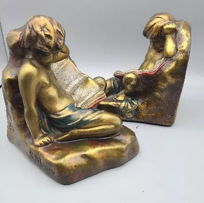 Vtg ART DECO S. MORANI Bronze Armour 2 Bookends Cherub Child Reclining Reading • $129