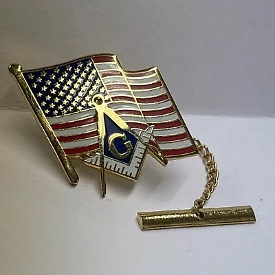 Masonic Free Mason FLAG Tie Tack Pin With Chain Textured Front Compass & Square • $12.95