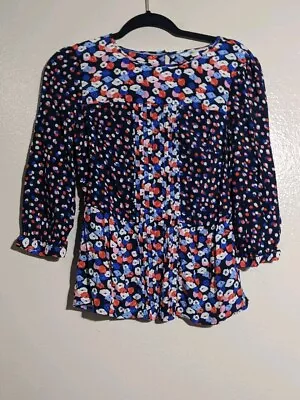 Boden Womens 6 Navy Blue Floral Print 3/4 Sleeves Hotchpotch Pintuck Top W0134 • $24.99