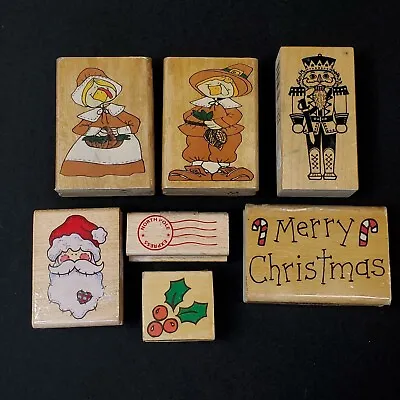 Lot Of 7 Holiday Rubber Stamps Wood Mounted Christmas Thanksgiving Vintage PSX + • $8