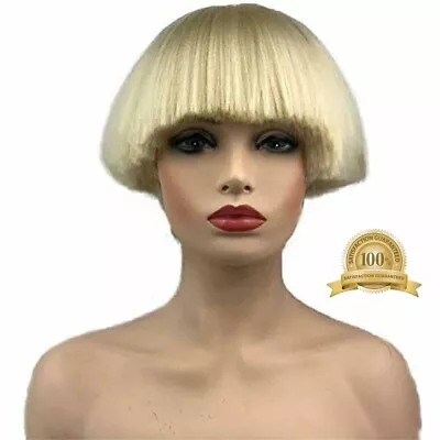 Short Yaki Straight Synthetic Wigs Blonde Mushroom Head Bowl Haircut Bob Beauty • $34.69