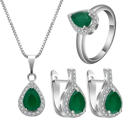 Women 925 Silver Cubic Zirconia Wedding Drop Earrings Ring Necklace Jewelry Set • £4.39
