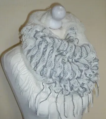 £4.21 • Buy Ivory & Grey Two In One Crochet Infinity Cowl Neck Warmer Snood & Long Scarf