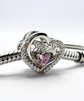 💖 Heart To Heart Charm Bead Love Pink CZ Genuine 925 Sterling Silver 💖 • £18.95