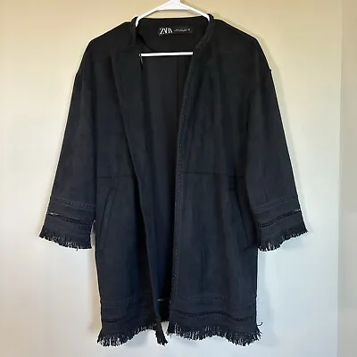 ZARA Faux Suede Jacket Cardigan Size XS Womens Fringe Black Oversized Blazer • $13.99