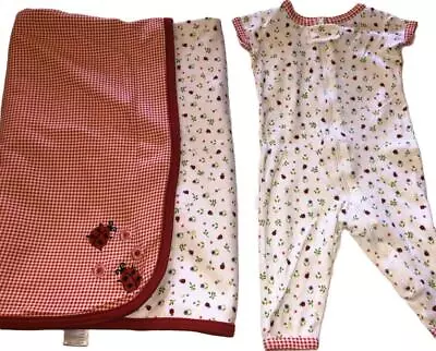 Gymboree Vintage 2000 COUNTRY PICNIC Ladybugs Romper/Gymmies + Rev BLANKET 0-3 M • $89.99