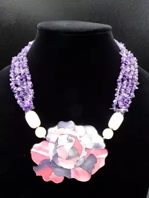 Vtg Lee Sands Purple Beaded Necklace W/ A Large Mother Of Pearl Floral Charm • $99.99