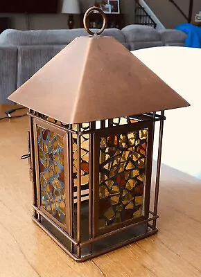 Decorative Metal Candle Lantern~Bronze Finish W/Amber & Yellow Mosaic Glass~9” • $19.99