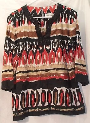 Alfred Dunner Dashiki Cotton Red/Black Shirt Blouse 3/4 Sleeves Top Women's L 14 • £9.63