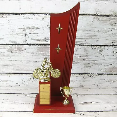 Vintage Motorcycle Racing Trophy 15  Wood Red Starburst 70s 60s • $49.95