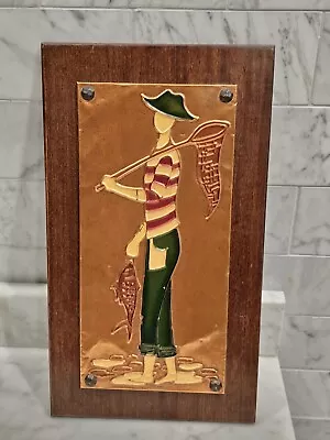 Vintage Greece Greek Enamel On Copper Artwork Fisherman W/ Fish & Net 13.5  • $29.99