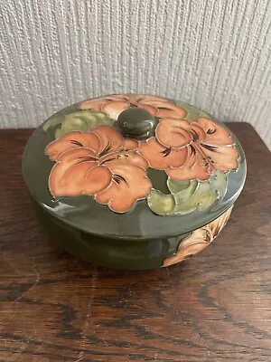 £185 • Buy MOORCROFT GLAZED AND HANDPAINTED CERAMIC Covered Bowl , DECORATED Coral Hibiscus