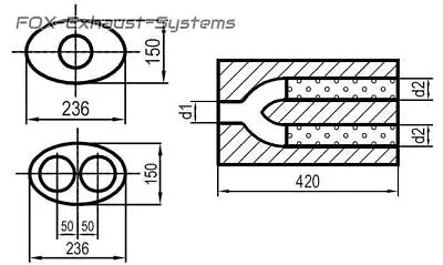 Univers. Silencer Stainless Oval 236x150 Y-Tube L:420mm IN/Out 1x70/2x60mm • $364.83