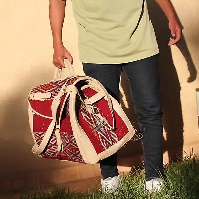 Handcrafted Antique Moroccan Leather Weekender Bag Made Of Vintage Carpet • $159.99