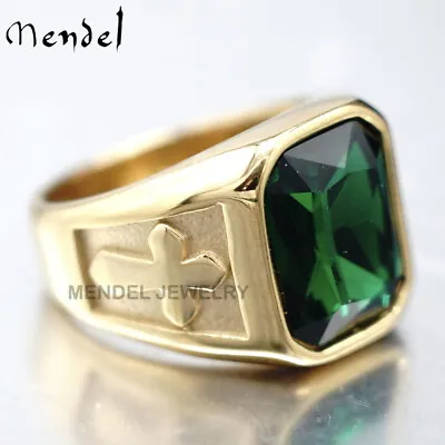 MENDEL Mens Gold Plated Christian Cross Green CZ Stone Ring For Men Size 7 8-15 • $12.99