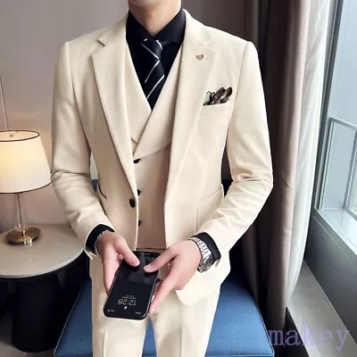 Mens Formal Dress Korean 3 Piece Pants Vest Suit Jackets Blazer Wedding Business • $116.90