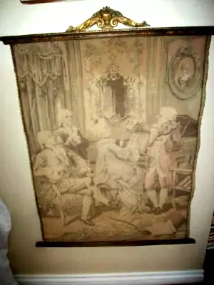 1920s FRENCH TAPESTRY PARLOR SCENE BARBOLA POLYCHROME RODS ANTIQUE SOFT COLORS • $179