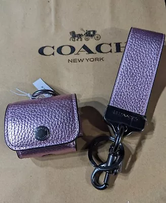 Coach Foil Metallic Pebble Leather Earbud Case & Key Ring Dogclip Leash (Set) • $143.30