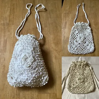 1900’ Edwardian Irish Crochet Drawstring Handbag. White Cotton Crocheted Bag • $19.50
