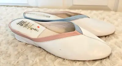 VTG Jacques Levine Size 9B White Blue Pink Leather House Shoes Slippers 70s 80s • $59.99