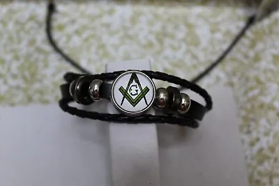 Masonic Green Glass Concealed Clasp PU Leather Bracelet ADJ. SEE ALL PICS NEW • $9.25