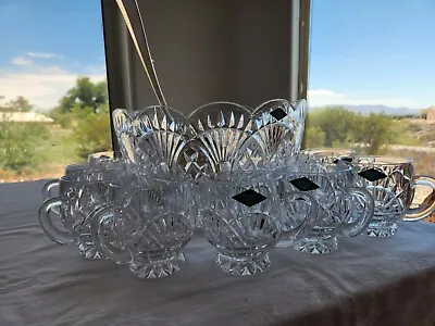 Vintage NOS Shannon Crystal Punch Bowl With 8 Cups And Silver Plated Latle  • $250
