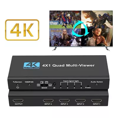 NEW 4K HDMI 4X1 Quad Multi-Viewer 4 IN 1 Out Multi Screen Splitter HDMI Switcher • $37.80