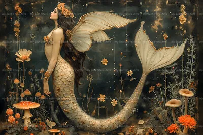 MERMAID FAIRY ART PRINT Witchy Dark Siren Decor Poster Cottagecore Artwork D124 • $7.95