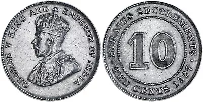 Straits Settlements: 10 Cents Silver 1927 - XF-aUNC • $2