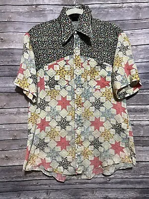 VTG H.I.S. Shirt Mens L Multicolor Floral Patch Disco Pearl Snap 70s Button Up • $29.59