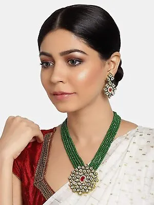 $24.92 • Buy Indian Kundan Jewelry Gold Plated Long Green Pearl Necklace Set Polki Earrings