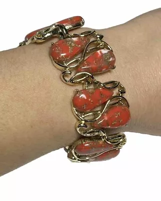 Vintage Coral Resin W Gold Foil Chunky Statement 70's Thick Bracelet OO929 • $20.99