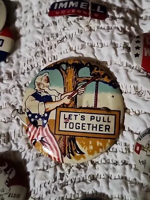 Vtg WWII Patriotic Uncle Sam Let’s Pull Together Mechanical Button Anti-hitler • $45.99