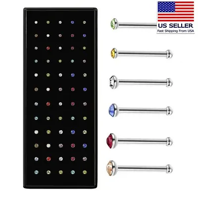 $6.99 • Buy 60PC CZ Nose Rings Bone Stud Stainless Steel Color Body Piercing Pin Jewelry