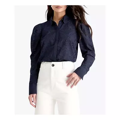 WITCHERY Navy Broderie Puff Sleeve Shirt Fit Size 8 To Size 10 • $28.16