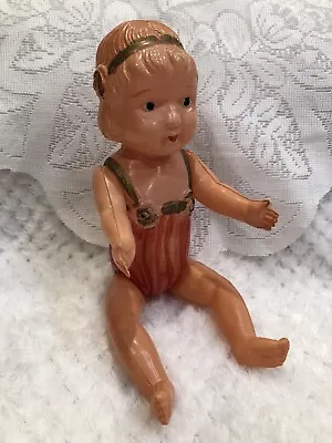 Vintage Celluloid Doll Molded Bathing Suit & Floral Headband Made In Japan 10” • $55