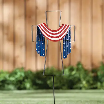 Metal Patriotic Cross W/ USA Flag Draped Shroud Cemetery Memorial Garden Stake • $19.99