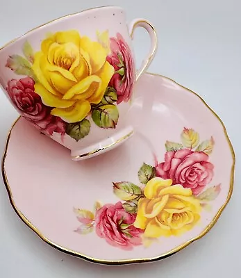 Vintage COLCLOUGH England Pink Cup & Saucer Large Pink Yellow Roses; Teacup • $27.99